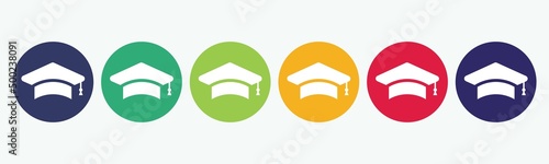 6 circles of buttons set with graduation hat icon in different colors. Vector illustration.