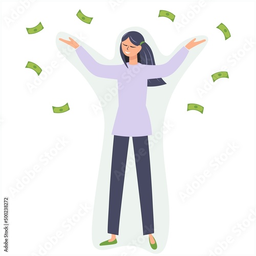 Happy rich woman. The girl raises her hands to dollar bills. The concept of a successful business, financial success, winning the lottery. Vector isolated illustration in flat style.