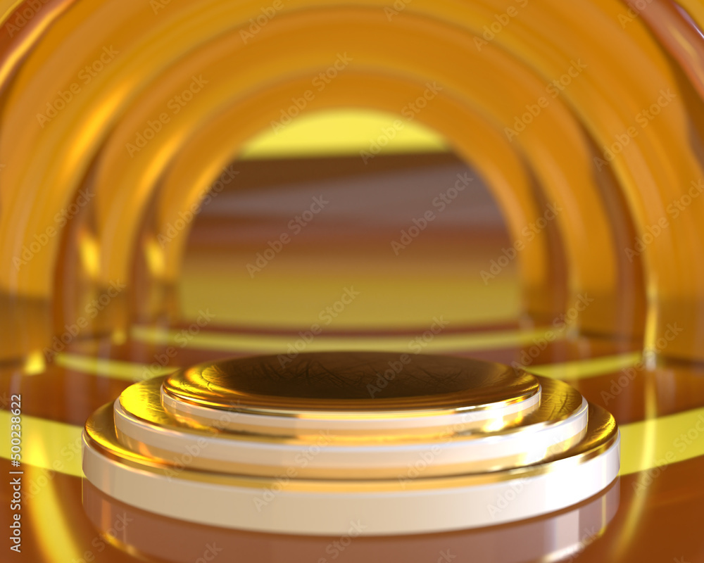 Triple gold cylinder pedestal podium with transparent yellow circle column design on yellow background for product presentation stage display by 3d rendering