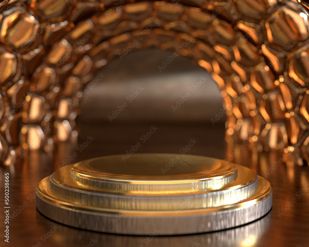 Triple golden cylinder pedestal podium with bronze honeycomb circle