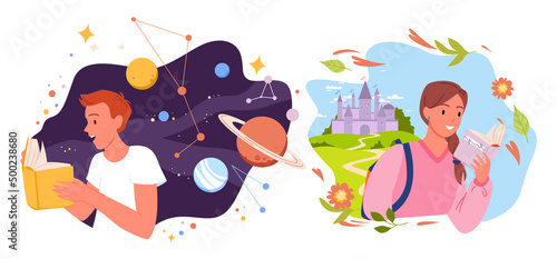 People read books about fantasy adventures in space or fairytale kingdom set vector illustration. Cartoon cute man and woman holding open paper books isolated on white. Imagination, dream concept