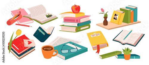 Pile and stack of books set from bookshelf of library, bookshop vector illustration. Cartoon open and closed textbooks, notebooks, storybooks of different color isolated on white. Education concept