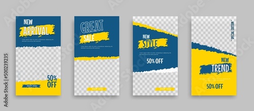  Set of Editable minimal square banner template. Blue yellow white background color with geometric shapes for social media post, story and web internet ads. Vector illustration