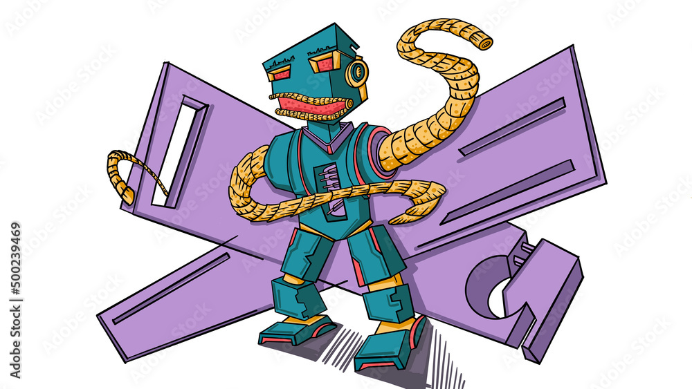 Monster robot drawing. made by hand. graffiti. illustration. fictional character.