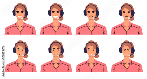 Set of emotions of a young woman call center operator.  Girl in headphones isolated on white background. Emotions of joy, surprise, anger, disappointment. Flat style, vector.