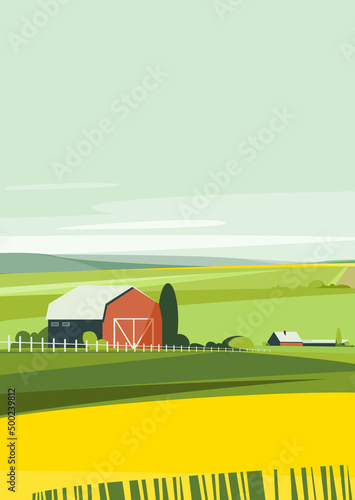 Farm in summer season. Agricultural landscape in portrait format.