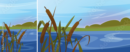 Landscape with reeds on the river. Natural scenery in different formats.