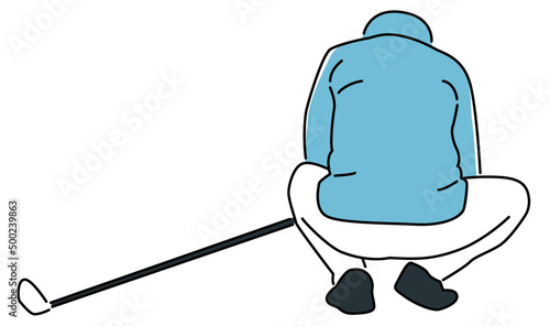 It is an illustration of a golfer who crouches and tees up before a tee shot.