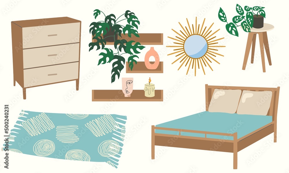 Bedroom set with furniture. Wardrobe, bed, shelves with flowers, chest of drawers, mirror, carpet, vases. Flat design, hand drawn cartoon, vector illustration. Template for printing.