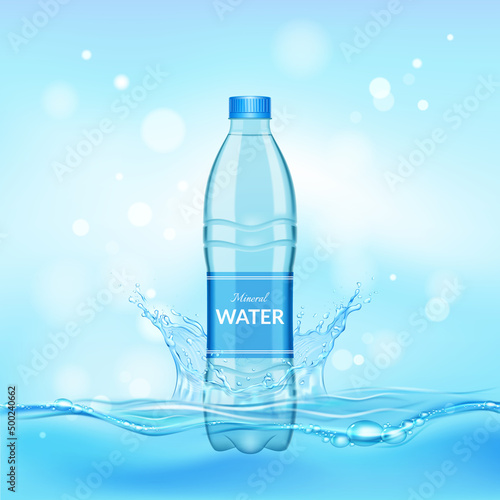 Transparent plastic bottle of pure mineral water with splash on a blue background.