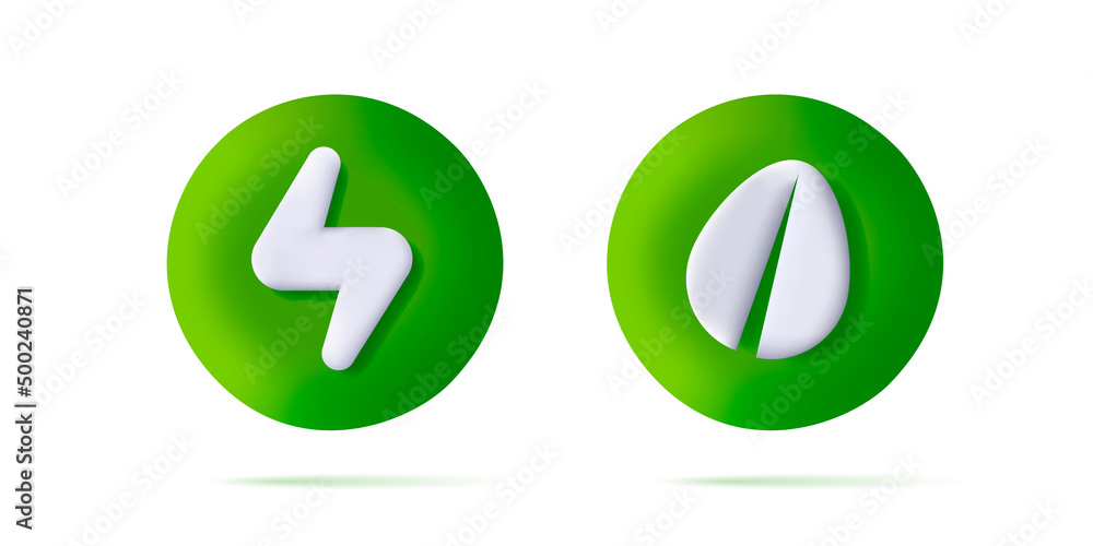 Set of 3d icons for green eco with leaf and energy sign. Vector illustration Set of 3d icons for green eco with leaf and energy sign. Vector illustration