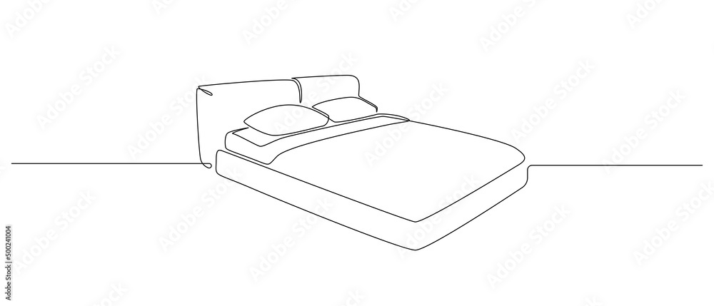 Continuous one line drawing of double bed with pillows. Scandinavian stylish furniture for sleep bedroom in simple Linear style. Editable stroke. Doodle vector illustration Continuous one line drawing of double bed with pillows. Scandinavian stylish furniture for sleep bedroom in simple Linear style. Editable stroke. Doodle vector illustration