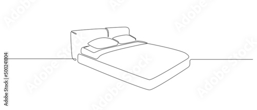 Continuous one line drawing of double bed with pillows. Scandinavian stylish furniture for sleep bedroom in simple Linear style. Editable stroke. Doodle vector illustration