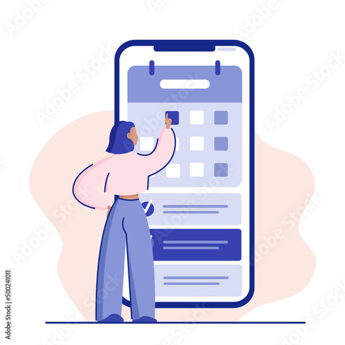 girl with phone searching date in calendar to-do list blue pink