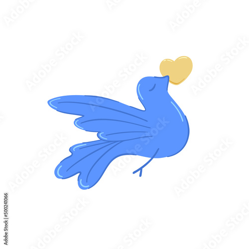 Flying upward bird with a heart in the Ukrainian national colors. A symbol of peace. Stand with Ukraine. Cute vector illustration.