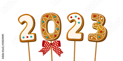 Gingerbread cookie numerals on sticks with phrase 2023 in cartoon style. Sweet biscuit with red bow in new year message isolated on white background. Cute number Vector illustration