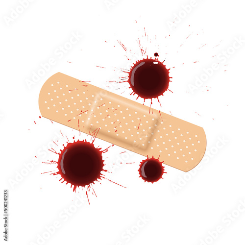 Band aid with falling blood drops from cut wound, realistic 3d bloody stain on bandage