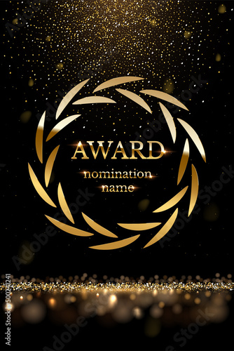 Gold text award and nomination name and round wreath, shiny falling tinsel foil confetti
