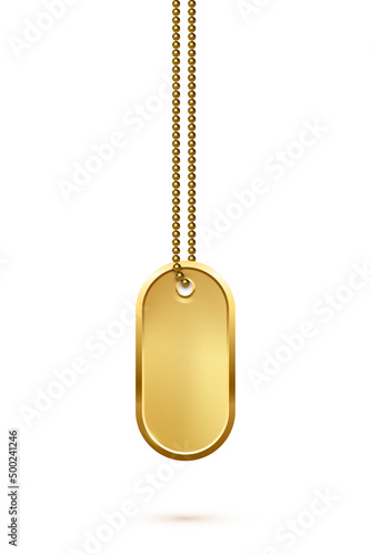 Empty oval gold military or dogs badge hanging on steel chain. Vector ellipse army object isolated on white background. Pendant with blank space for identification, blood type in case of injury.
