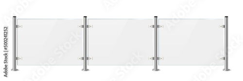 Glass or plexiglass fence with banisters. Architectural guardrail for balcony or office terrace vector illustration. Realistic modern decoration front view on white background.
