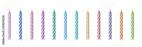 Row of striped swirl candles with different colors, 3d decoration for anniversary cake