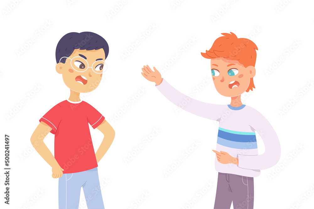 Fototapeta premium Aggressive quarrel and hate conflict of two angry male friends, people arguing, shouting