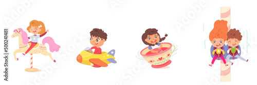 Cute kids play in amusement park set, boys and girls ride rollercoaster, horse and plane