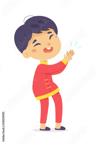 Applause action of cute kid, happy asian boy clapping, child applauding to show admiration