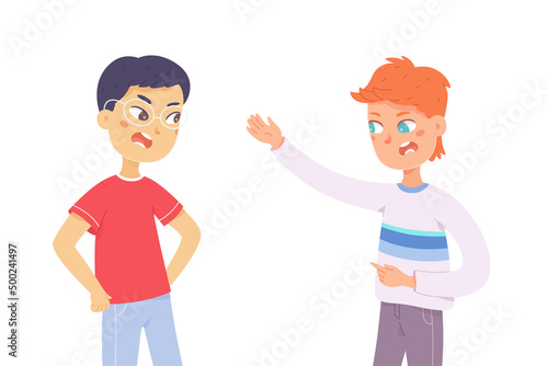Aggressive quarrel and hate conflict of two angry male friends, people arguing, shouting