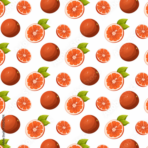 Fototapeta Naklejka Na Ścianę i Meble -  Seamless pattern grapefruit citrus fruit vector illustration. Slices and whole with leaves. Vitamin summer healthy food on isolated transparent background for packaging, wrapping paper, textile, gift