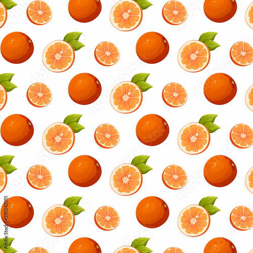 Seamless pattern orange citrus fruit vector illustration. Slices and whole with leaves. Vitamin summer healthy food on isolated transparent background for packaging, wrapping paper, textile, gift