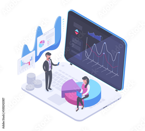 Isometric data dashboard, people digital analyse data on computer screen. Interactive charts solutions, dashboard workplace vector background illustration. Data analysing concept