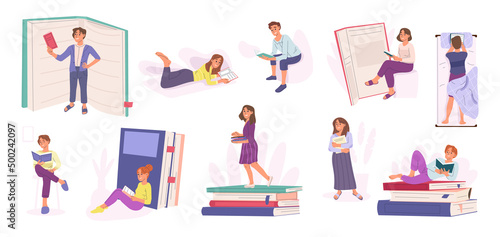 Book readers, literature lovers, bookshop or library visitors. Reading man and woman, study education process vector symbols illustrations set. Book fans characters