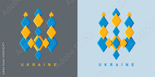Ukrainian trident stylised symbol, national. emblem created of polygonal diamonds of blue and yellow colors. Vector illustration