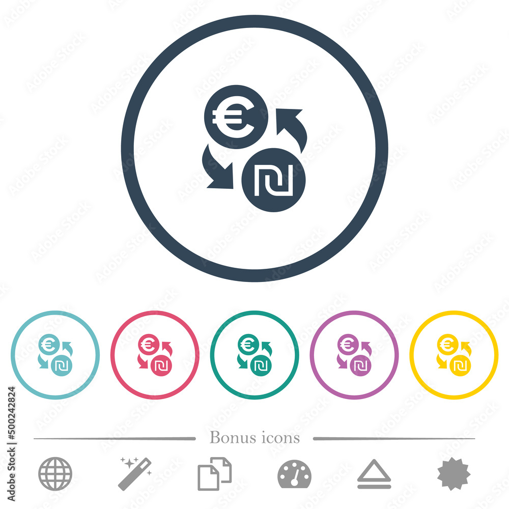 Euro new Shekel money exchange flat color icons in round outlines