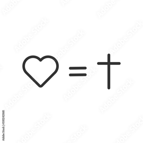 Cross equals love. Christianity symbol. Cross and heart icon vector illustration. Stock vector illustration isolated on white background.