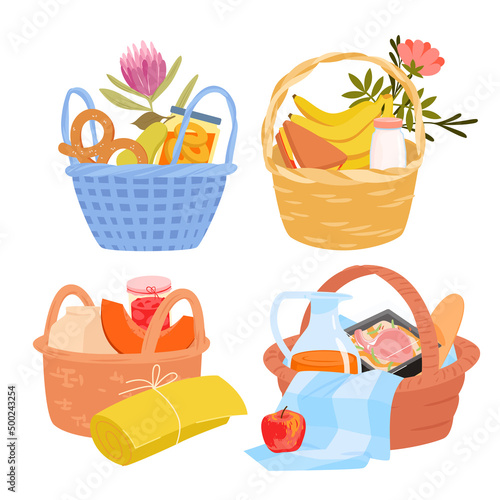 Baskets with food for family picnic set vector illustration. Cartoon hampers for dishes storage, wooden or wicker boxes with handles collection for summer camping and eating isolated on white