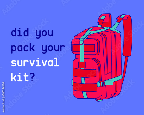 Survival kit or emergency items. A suitcase rides, looks at the train schedule board. Displaced, immigrant or refugee. Resettlement during hostilities or states of emergency.