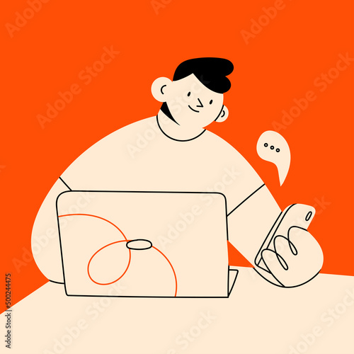 Young person sitting at table, using laptop, looking at smartphone, receiving message. Working online, freelancing, internet browsing concept. Cartoon style character. Hand drawn Vector illustration