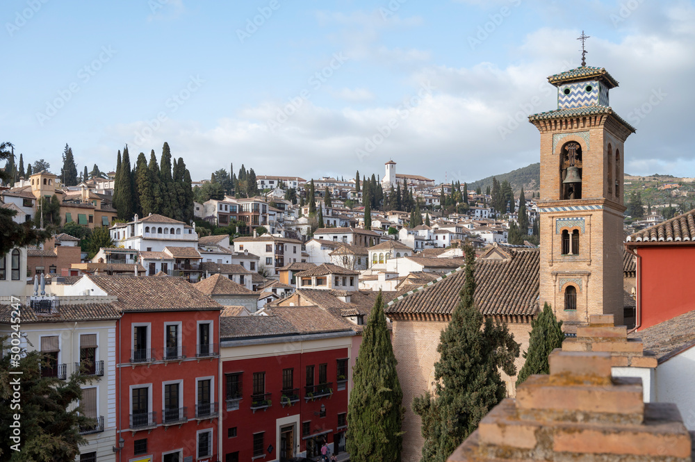 View from roof on buildings in old central part of world heritage city Granada, Andalusia, Spain