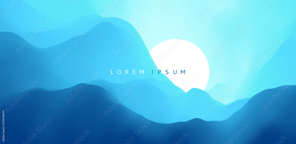 Blue abstract ocean seascape. Sea surface. Water waves. Nature background. Landscape with mountains. Vector illustration for banner, flyer, poster, cover or brochure. - obrazy, fototapety, plakaty 