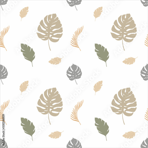 Seamless pattern with different tropic leaves on white background. Modern Scandinavian style illustration  perfect for greeting cards  wall art  wrapping paper  etc.