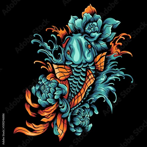 Japanese koi fish colorful template in vintage style isolated vector illustration