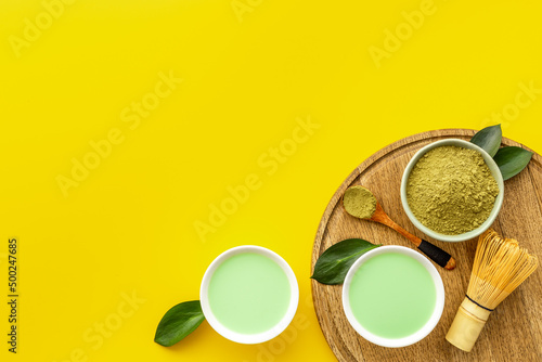 Matcha tea powder with green hot drink - asian tea ceremony