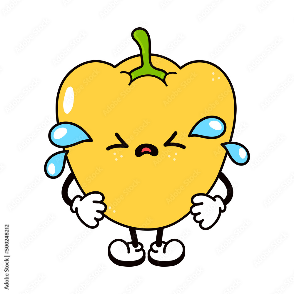 Cute funny crying sad pepper character. Vector hand drawn traditional cartoon vintage, retro, kawaii character illustration icon. Isolated on white background. Cry pepper character concept Cute funny crying sad pepper character. Vector hand drawn traditional cartoon vintage, retro, kawaii character illustration icon. Isolated on white background. Cry pepper character concept