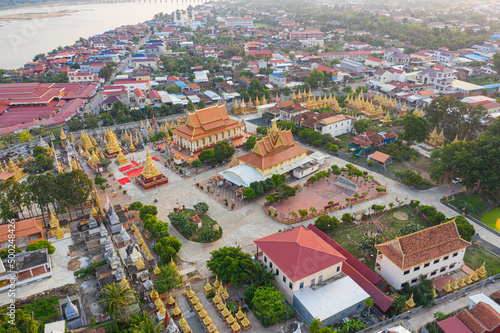 Panoramic drone view of cityscape near Mekong River in Kampong Cham, Cambodia.