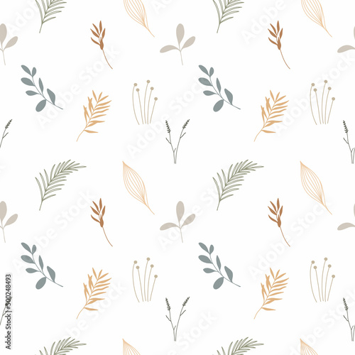 Seamless pattern with different tropic leaves on white background. Modern Scandinavian style illustration, perfect for greeting cards, wall art, wrapping paper, etc.