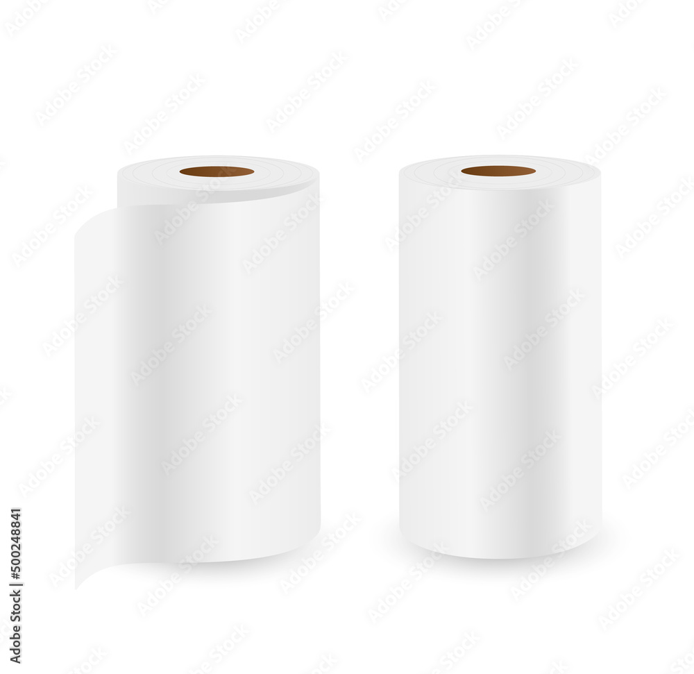 Two rolls of paper towels isolated on white background. Vector realistic Mockup. White napkin rolls without pattern. Blank template. EPS10. Two rolls of paper towels isolated on white background. Vector realistic Mockup. White napkin rolls without pattern. Blank template. EPS10.