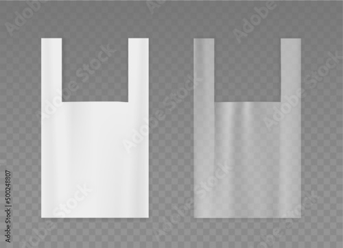 White and transparent polythylene bags with handles. Plastic packaging for various products. Vector realistic mockup. Blank template. Ready for design. EPS10.