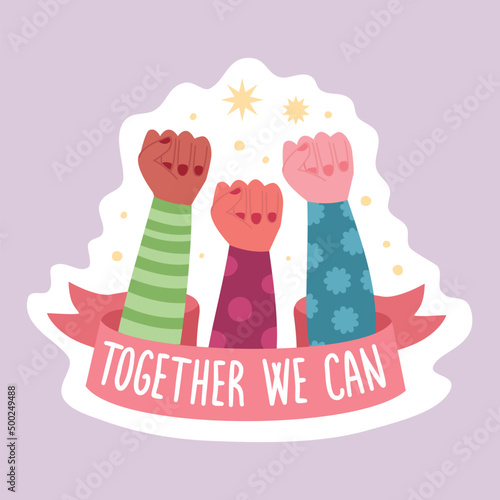 Feminist and body positive vector sticker Together we can. Female movement cartoon badge with inspirational quote. Women empowerment, self acceptance and gender equality trendy lettering pack